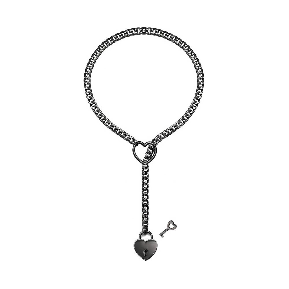 HEART & LOCK O RING SLIP CHOKE CHAIN - Black