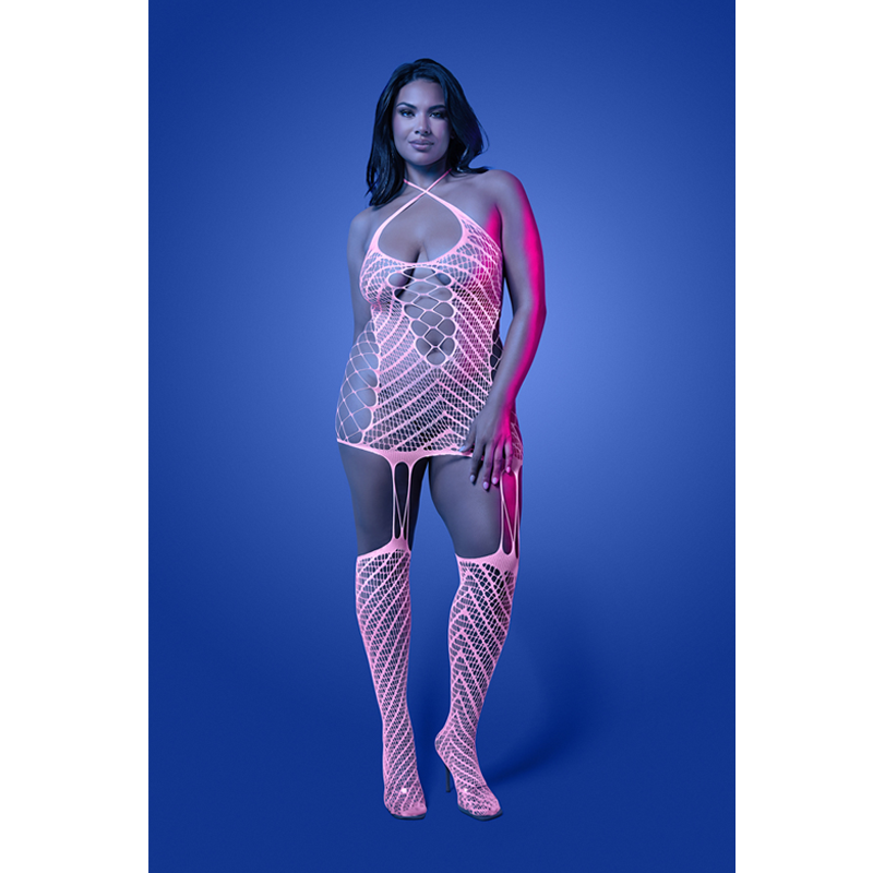 METAMORPHIC Glow-in-the-dark bodystocking dress; glows pink (White)