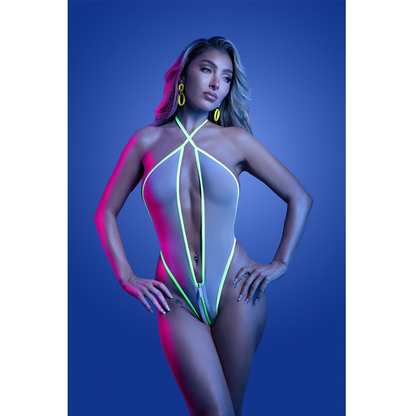 SUPERNATURAL Glow-in-the-dark plunge zipper teddy with halter ties (White)