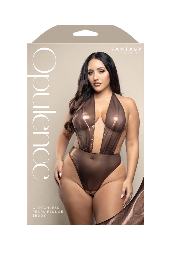 Crotchless halter teddy with plunge neckline, open pearl string back and adjustable pearl g-string in metallic foil mesh