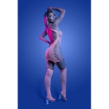 METAMORPHIC Glow-in-the-dark bodystocking dress; glows pink (White)